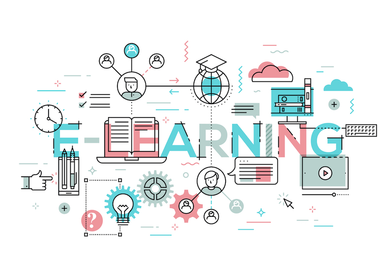 Thin line flat design banner for e-learning web page, distance education, online training and courses. Modern vector illustration concept of word e-learning for website and mobile website banners.